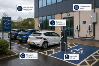 A realistic UK workplace car park outside a modern office building with several electric vehicles charging at wall-mounted and pedestal charge points, overcast daylight, visible…