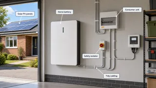 A realistic UK home utility space or garage with a neatly installed wall-mounted home battery, consumer unit nearby, tidy cabling, safety isolators, and a subtle view of a house…