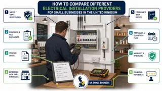 A realistic UK small business setting showing an electrician inspecting a distribution board in a tidy independent café or retail unit before planned electrical installation…