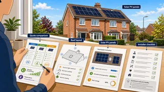 A realistic UK semi-detached home with roof-mounted solar panels on a clear day, with a homeowner reviewing printed solar quotes at a kitchen table in the foreground. Include…