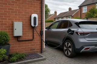 A realistic UK driveway scene showing a modern electric car plugged into a wall-mounted home EV charger on a brick house, with a tidy cable route, outdoor-rated unit, smart meter…