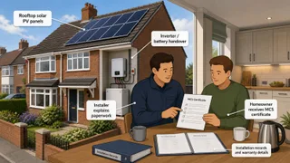 A realistic UK home with rooftop solar panels and an installer reviewing handover paperwork with the homeowner at the kitchen table, showing a calm practical scene about…