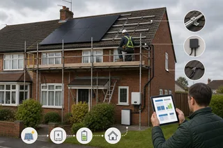 A realistic UK residential rooftop solar installation scene showing a semi-detached house with black solar panels, scaffolding, an installer inspecting mounting rails, and a…