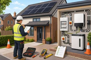 A realistic UK renewable-energy installation scene showing a qualified installer reviewing paperwork on a tablet beside a domestic roof with solar panels and a neat consumer unit…