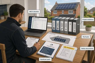 A realistic UK renewable energy installer preparing for MCS certification, standing at a kitchen table with a laptop, project folders, roof plans, handover documents, and safety…