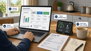 A realistic UK kitchen table scene showing a homeowner comparing electricity tariffs on a laptop beside an energy bill, smart meter in-home display, notebook, and mug of tea. The…