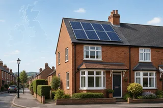A realistic UK home with rooftop solar panels under soft daylight, with a subtle visual contrast between a UK street setting and a distant outline map motif suggesting Ireland…