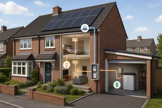 A realistic UK suburban home with dark roof-mounted solar panels, a smart meter cupboard, and a discreet home battery inside a garage, shown in soft daylight with neighbouring…