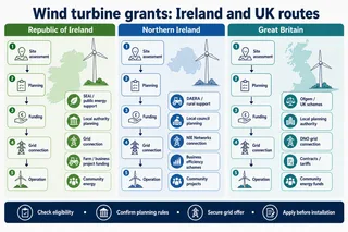 Description: A technical infographic illustrating the different public bodies, planning systems, and funding routes for wind turbine grants in Ireland. The diagram should show a…
