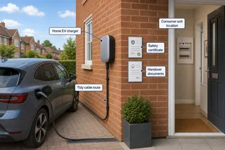 A realistic UK driveway scene showing a neatly installed home EV charger mounted on a brick wall beside a parked electric car, with a tidy consumer unit location implied through…