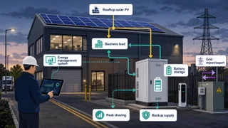 A realistic UK commercial premises at early evening with rooftop solar panels, an external battery storage cabinet in a secure service area, and subtle lighting from an office or…