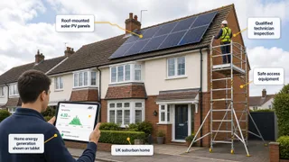 A realistic UK suburban home with roof-mounted solar panels on a cloudy bright day, a homeowner viewing solar generation on a tablet, and a qualified technician inspecting from…