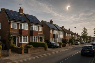 A realistic UK suburban home with roof-mounted solar panels on a cloudy bright day, a homeowner viewing solar generation on a tablet, and a qualified technician inspecting from…