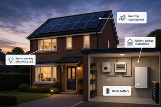A realistic UK home at dusk with rooftop solar panels, a discreet wall-mounted home battery in a utility or garage area, and warm interior lighting suggesting evening electricity…