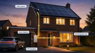 A realistic UK home exterior with solar panels on a pitched roof, a neat wall-mounted home battery in a garage or utility space visible through an open doorway, and an installer…