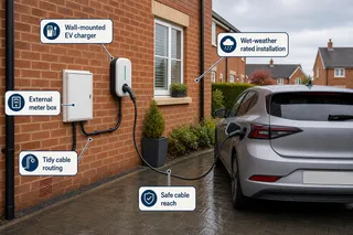 Description: An informative clean technical diagram showing the main stages of a UK home EV charger installation, including off-street parking check, consumer unit and meter ass...