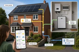 A realistic UK detached house with rooftop solar panels, a neat indoor utility-area battery installation and a homeowner reviewing an energy app on a phone. The scene should feel practical and domestic, with natural daylight, tidy cabling, no visible brand logos, and subtle cues of a modern home energy system rather than a futuristic showroom.