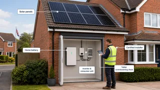 A realistic UK home exterior with solar panels on a pitched roof, a neat wall-mounted home battery in a garage or utility space visible through an open doorway, and an installer…