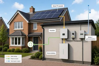 A realistic UK home exterior with roof-mounted solar panels and a neat home battery installation area near a garage or utility wall, showing a modern domestic energy storage…