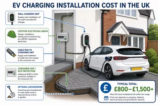 A realistic UK suburban driveway scene showing a wall-mounted home EV charger beside a parked electric car, with the house meter box and consumer unit location subtly implied by…