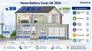 Description: An educational technical diagram for a UK energy website showing the different components and considerations for home battery installation, with labels for key parts…