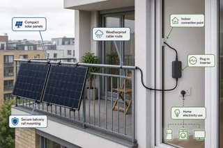 A realistic UK flat balcony on a bright but overcast day, with two compact solar panels securely mounted to metal balcony railings and a small patio area behind them. Show a neat…