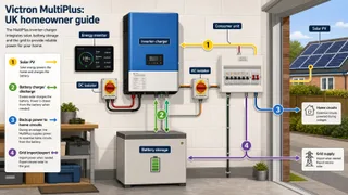 A realistic UK home energy scene showing a tidy utility room or garage with a wall-mounted inverter-charger, battery cabinet, consumer unit, isolation switches and a small…