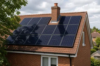 A realistic UK residential solar installation on a pitched tiled roof, with a few panels partly shaded by a chimney and nearby tree branches. Show a professional, clean editorial…