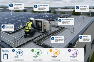 A realistic UK commercial rooftop with solar panels on a warehouse or light industrial building, viewed from a safe elevated angle on an overcast but bright day. Include an…
