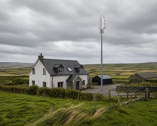 A realistic UK countryside home on an exposed site with a small domestic wind turbine on a mast, overcast sky, hedgerows, outbuildings, and visible open wind exposure. The image…