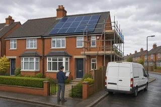 Realistic UK residential street scene with a semi-detached house fitted with rooftop solar panels, an installer van parked discreetly without branding, and a homeowner reviewing…
