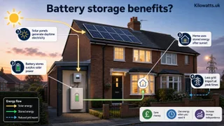 A realistic UK home exterior with rooftop solar panels, a discreet wall-mounted home battery in a garage or utility area visible through an open side door, and soft evening light…