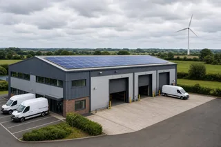 A realistic UK commercial energy scene showing a medium-sized business premises with rooftop solar panels, nearby open land with a modest wind turbine in the distance, delivery…