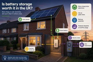 A realistic UK home exterior at dusk with rooftop solar panels, a discreet home battery unit in a garage or utility area visible through an open side door, warm indoor lighting,…