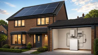 A realistic UK home exterior with roof-mounted solar panels and a compact home battery installed neatly on an internal garage wall, shown in natural daylight. Include subtle…