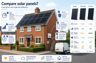 A realistic UK residential street scene showing a detached or semi-detached home with modern black solar PV panels fitted neatly on a tiled pitched roof, soft daylight, no…