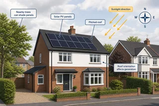 A realistic UK residential street scene showing a pitched-roof home with solar PV panels in daylight, subtle seasonal cloud cover, and no visible branding. The image should feel…