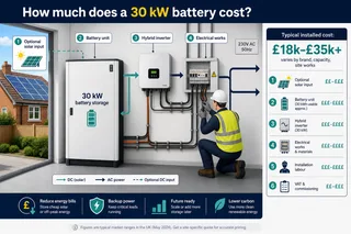 A realistic UK home and small commercial setting showing a large wall-mounted or floor-mounted battery storage system in a tidy utility room or plant room, with solar panels…