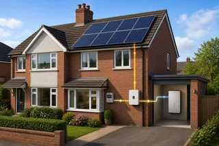 A realistic UK home exterior with rooftop solar panels and a discreet wall-mounted home battery unit in a garage or utility area, shown in natural daylight. Include subtle visual…