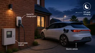 A realistic UK driveway scene at dusk with an electric car plugged into a modern home EV charge point on a brick house wall, subtle warm window lighting, visible smart meter…