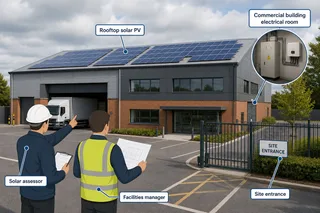 A realistic UK commercial building with rooftop solar panels under a bright but slightly overcast sky, showing a facilities manager and solar assessor reviewing plans near the…