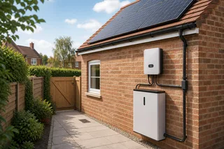 Realistic UK home exterior with discreet wall-mounted home battery equipment in a tidy utility or side passage setting, with solar panels visible on a pitched tiled roof, soft…