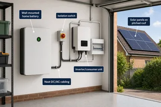 A realistic UK home energy scene showing a modern wall-mounted domestic battery installed in a garage or utility space, with neat electrical cabling, an isolation switch, and a…