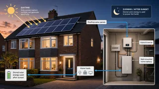 A realistic UK home exterior with rooftop solar panels, a wall-mounted home battery in a neat utility or garage setting, and subtle evening lighting to suggest stored solar…