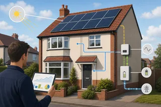 A realistic UK rooftop solar scene on a modest semi-detached house, showing photovoltaic panels installed on a pitched tiled roof in clear daylight, with a homeowner reviewing a…
