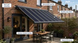 A realistic UK terrace scene showing a modern retractable awning extended from the rear wall of a house or small café, with subtle flexible solar material integrated into the…