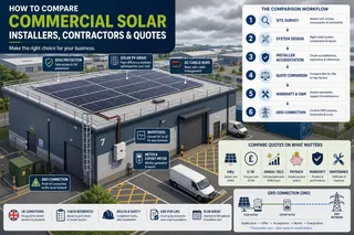 A realistic UK commercial rooftop solar scene showing a medium-sized warehouse or light industrial unit with solar PV panels installed across a flat or shallow-pitched roof.…