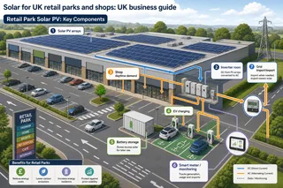 A realistic, documentary-style photograph of a UK retail park in soft daylight, showing low-rise retail warehouse buildings with large flat and low-pitch roofs carrying orderly…
