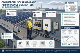 A realistic documentary photograph of a commercial solar operations visit on a large flat warehouse roof in Britain. A technician in a hard hat, high-visibility jacket and safety…
