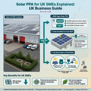 A realistic wide photograph of an occupied UK light-industrial warehouse on an overcast day, with a neat rooftop solar array on a large metal or membrane roof, loading doors, a…